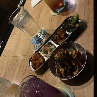 Mung bean hush puppies, cocktails, Banchan and Kimchi.