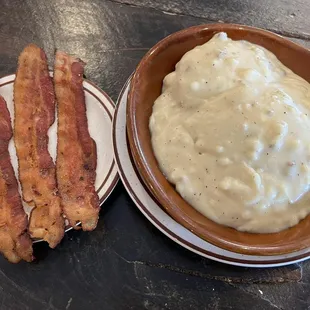 Our 1/2 Order of Biscuits &amp; Gravy with a side of Bacon!!
