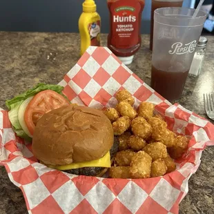 Build your own burger. Tater tots. (Not pictured)Chicken and rice soup of the day.
