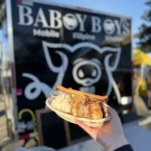 Lechon rice plate with lumpia