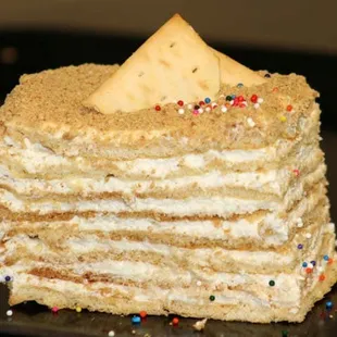 Honey layered cake with delicate cream.