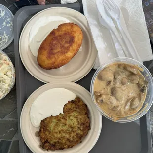 Mushroom stroganoff potato pancake and zucchini pancake
