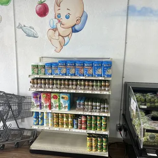 Infant cereal , fruit pouches, canned fruit, canned vegetables and baby food