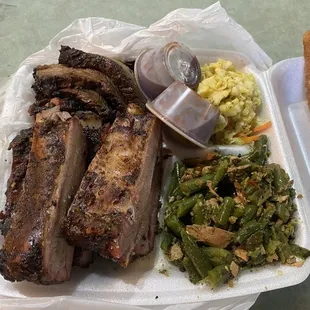 Ribs, brisket, green beans, slaw.