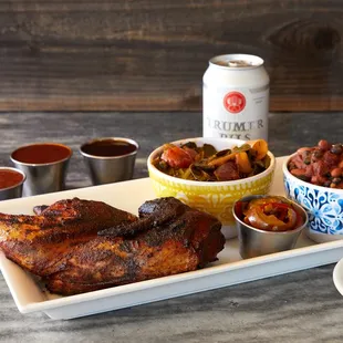 Smoked Chicken Plate with Cornbread and a Trumer beer.