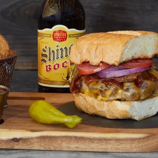 Fresh Ground Brisket Burgers with our own Jalapeño pickled onions, special sauce, arugula (not pictured) and a nice ciabatta bun