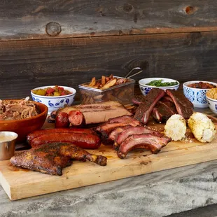 Our famous 5 &amp; 5. Choose any 5 meats (double portions) + 5 side dishes + 5 cornbread