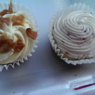 Maple cupcake with candied bacon bits (L) and lemon cupcake with raspberry icing (R)
