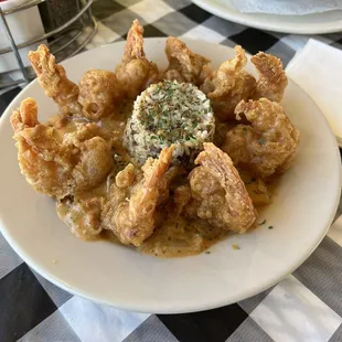 Crawfish Étouffée with fried shrimp and dirty rice (Monday only special)