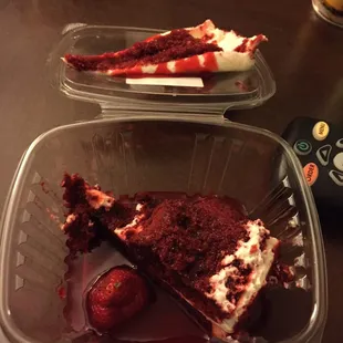 Torn apart red velvet cake, tastes like crud.