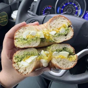Pesto, egg and cheese on a bagel