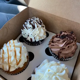 Oreo, chocolate, caramel and banana cream cupcakes.