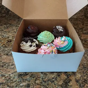 Top left clockwise: Chocoholic, Boston Cream, Sprinkle, Vanilla, Oreo and Pistachio.