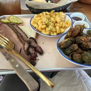 Sliced Brisket PLATTER with Mac and cheese and Brussel Sprouts