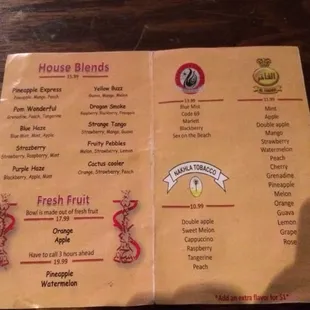 the menu for the restaurant