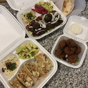 Chicken shawarma platter, mixed platter, falafel