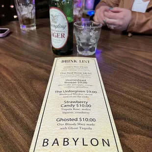 Drink Specials. "The Unforgiven" pictured in the back. - Blackened Whiskey served neat or in the rocks with a beer.