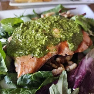 a plate of salad with salmon