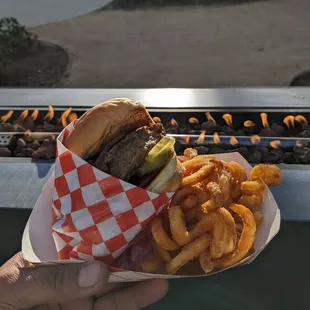 Classic with Bacon &amp; Curly Fries with cheese dipping sauce