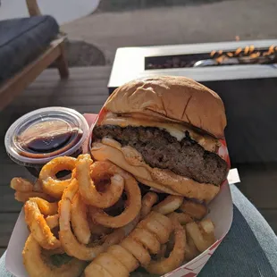 Mushroom swiss burger with curly fries