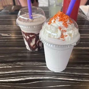 Chocolate milkshake and blood orange milkshake