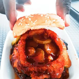 Western Burger only cheddar, pickles, onion ring and bbq sauce