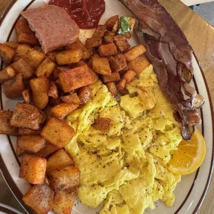 Bacon and Eggs, w side of fried spam. Comes w toast or pancakes. $15.75
