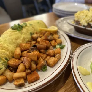 eggs, potatoes, and hash browns