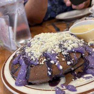 Ube pancake with chopped macadamia nuts