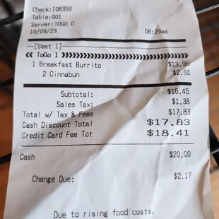 Credit card fee when I paid cash. Wtf