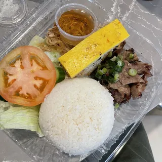 D12. Rice Platter with Grilled Pork, Shredded Pork, and Steamed Egg Cake