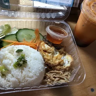 D17. Rice Platter with Grilled Beef, Shredded Pork, and Fried Egg