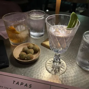 Rose Colored Crystals Cocktail, Classic Old Fashioned, &amp; Fried Olives to start.