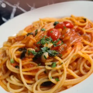 a plate of spaghetti with tomato sauce