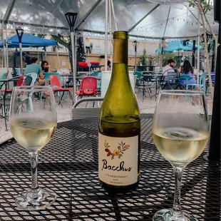 Bottle of delicious white in the garden/patio area