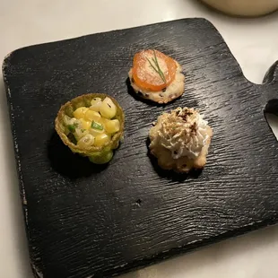 Amuse bouche - sweet corn tart, smoked salmon cracker, black pepper shortbread with whipped cheese. All delicious and very cute