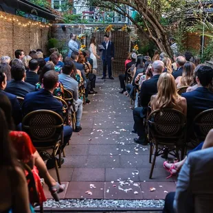 The garden, set up for a wedding ceremony.