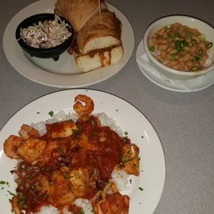 Seafood creole, bbq pork sandwich,  and the best beans and rice I've ever had,  ever, literally!