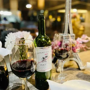 a glass of wine and a bottle of wine