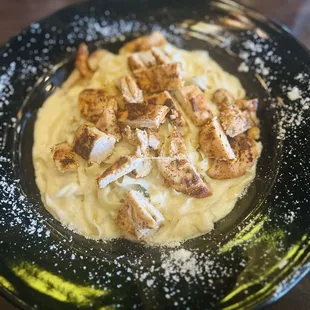 Blackened chicken Fettuccine Alfredo.