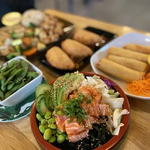 a variety of asian food on a table