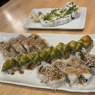 Vegan sushi platter featuring the chick'n teriyaki, pua and king Liam