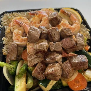 a plate of meat and vegetables