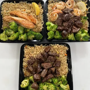 three trays of food