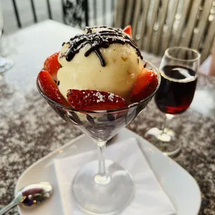 Sensational dessert with a sippy cup full of port