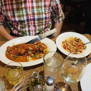 Filet &amp; Shrimp Capricioso with linguine and marinara.