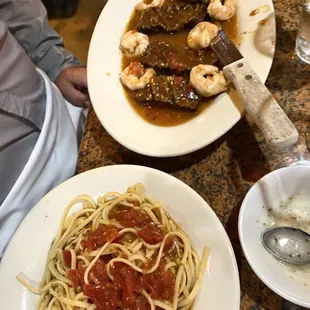 Filet &amp; Shrimp Capricioso with linguine &amp; basil pomodoro sauce.