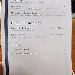 Partial food menu