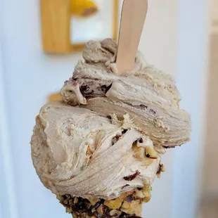 Crema Torino and their seasonal Tiramisù Double Mascarpone on a Ciocchino Nutella Sugar Cone with nuts.