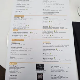 Starters, salads, pizzas, burgers